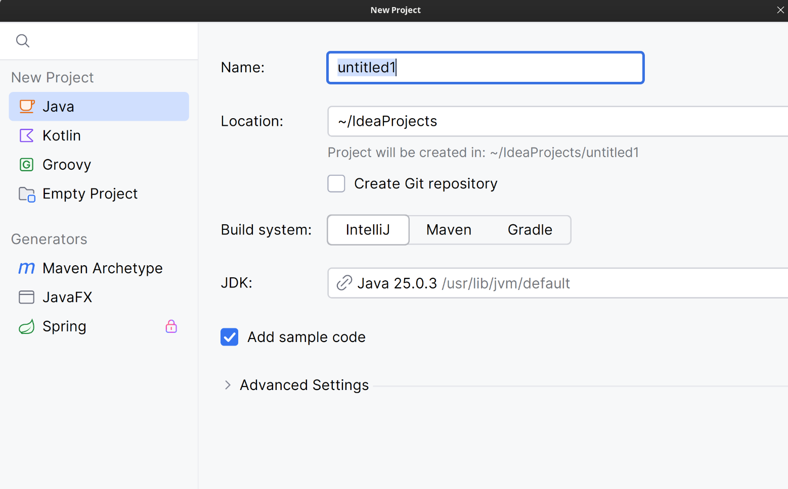 New Project no IntelliJ