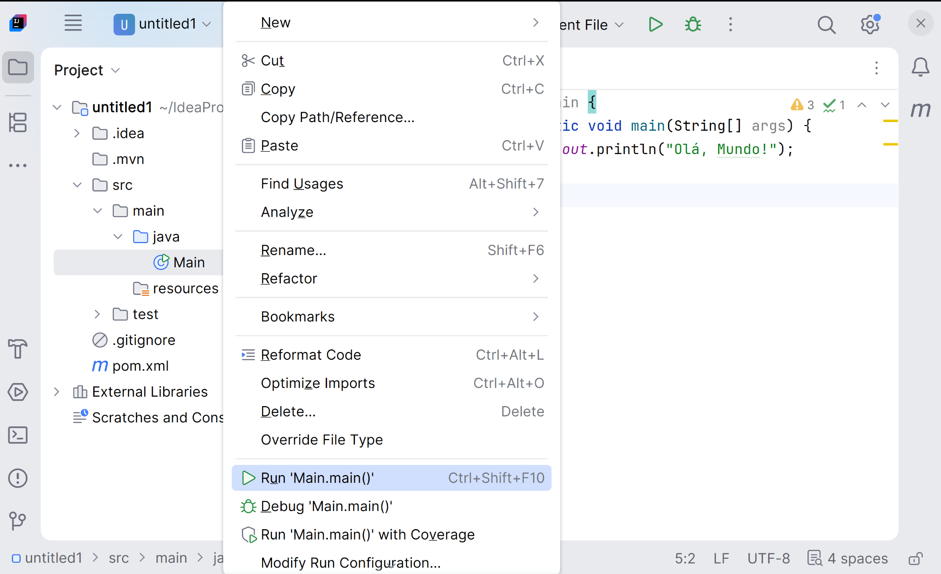 Rodando classe java no IntelliJ